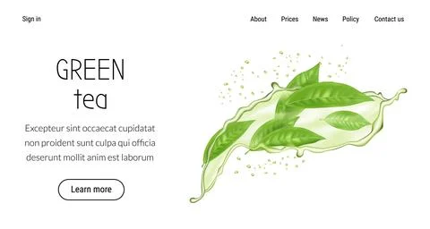 Green tea web banner design. Landing page template. Realistic leaf in water Stock Illustration