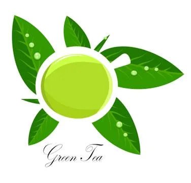 Green tea white cup and fresh tea leaves over white. vector illustration Stock Illustration