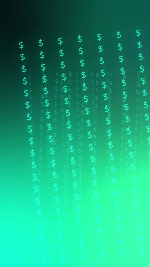 Green teal gradient with rows of glowing dollar symbols, Seamless Loop Stock Footage 341858131