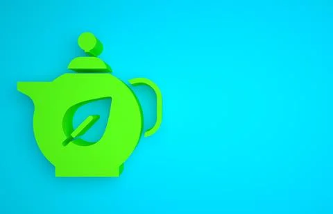 Green Teapot with leaf icon isolated on blue background. Minimalism concept. 3D Stock Illustration