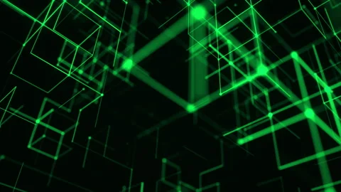 Green Tech Cubes in a Luminous Futuristic Wireframe Space. Looped 3D rendering Stock Footage 325495809
