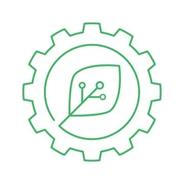 Green tech icon leaf and cog shape for nature and tech, sustainability, eco.. Illustrazione stock