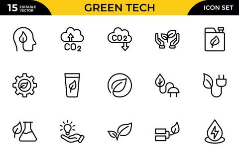 Green Tech line icon set. Solar, wind, clean power, green tech, net-zero, a.. Stock Illustration