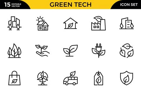 Green Tech line icon set. Solar, wind, clean power, green tech, net-zero, a.. Stock Illustration