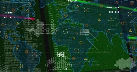 Green tech screen displaying world map on control panel, showing hex clusters Illustrazione stock
