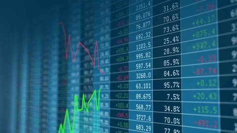 Green technical price graph rising in front of a blue changing stock Stock Footage 169835111