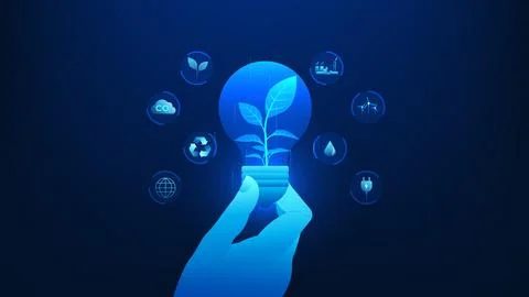 Green Technology Background with Hand Holding Light Bulb and Tree Inside, N.. Stockillustratie