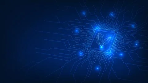 Green Technology Background with Leaf Microchip and Digital Circuit, AI for.. Stock Illustration
