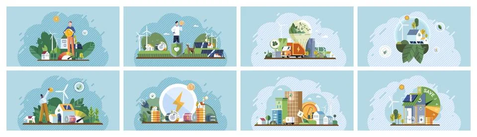 Green technology concept. Various scenes highlighting sustainable living, ren Ilustración de archivo