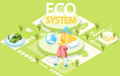 Green technology ecosystem concept. Renewable net energy. Power production Illustrazione stock