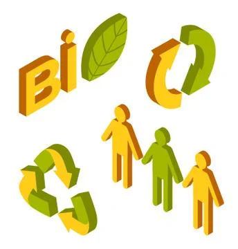 Green technology ecosystem various signs arrows green and yellow human Stock Illustration