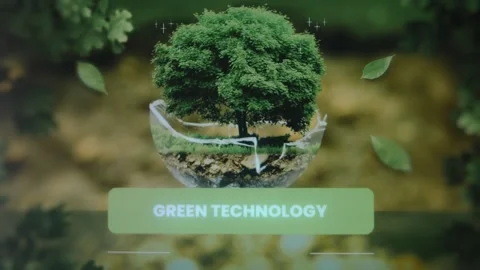 Green Technology inscription. Graphic presentation with a green tree on Stock Footage 270541409