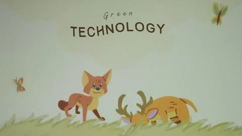Green Technology inscription. Graphic presentation with animated reindeer and Stock Footage 270545010
