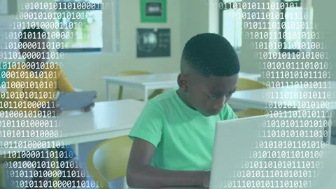 Green-tee boy closing laptop showing logo while binary overlay appearing, peer Stock Footage 334321972