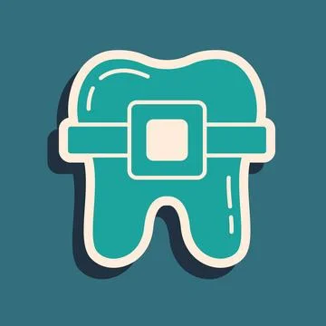 Green Teeth with braces icon isolated on green background. Alignment of bite  Stock Illustration