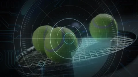 Green tennis balls floating on racket strings, featuring HUD circles, circuit Stock Footage 328642647