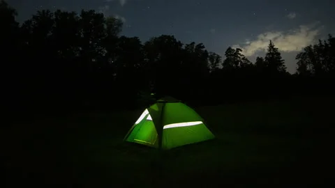 Green tent under starry sky in forest. 4k time lapse. Stock Footage 160967927