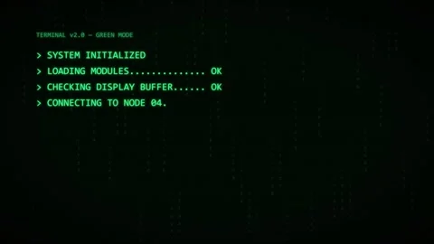 Green Terminal Boot Sequence Loading Assets Matrix Code Screen. Stock Footage 347453831