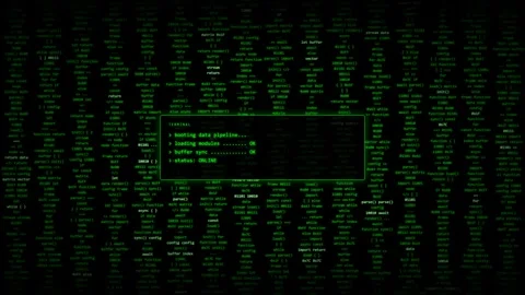 Green Terminal Booting Data Pipeline Over Scrolling Code Background. Stock Footage 348956923