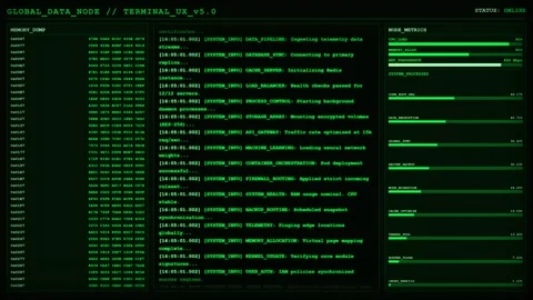 Green Terminal Data Node Dashboard Server Monitoring Hacker Code Animation. Stock Footage 347439695