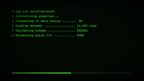 Green Terminal Dataflow Pipeline Command Line Data Processing Animation. Stock Footage 347705178