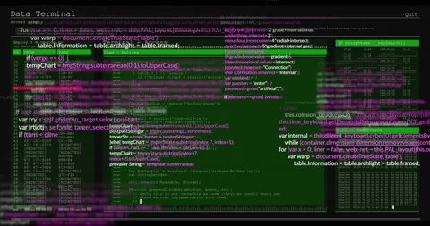 Green terminal panel starting after magenta glitch, loading code panes and Stock Footage 329454936
