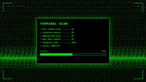 Green Terminal Scan Progress Window Over Hexadecimal Code Background. Stock Footage 348957324