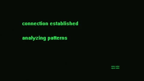 Green text "analyzing patterns" appears on a black computer screen. Stock Footage 327726936