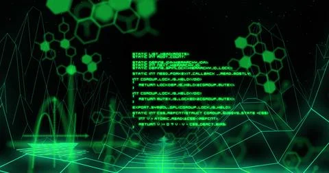 Green text and structures on black background with green grid moving below 스톡 사진