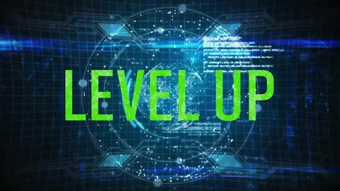 Green text appearing triggers LEVEL UP letters emerging on 3D globe, Video stock 311417118