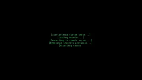 Green Text on Black Screen Shows Hacking Progress, Including System Check, File Stock Footage 281454423