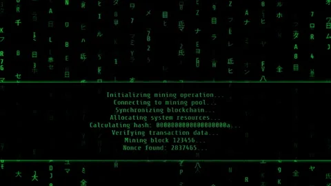 Green Text on Black Screen Shows Detailed Mining Operations, Including Stock Footage 281457612