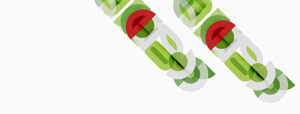 Green text layers overlap, forming abstract design. Red circles punctuate w.. Stock Illustration