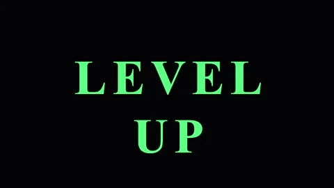 Green text LEVEL UP appears on black background with a purple graphic burst Stock Footage 343413341