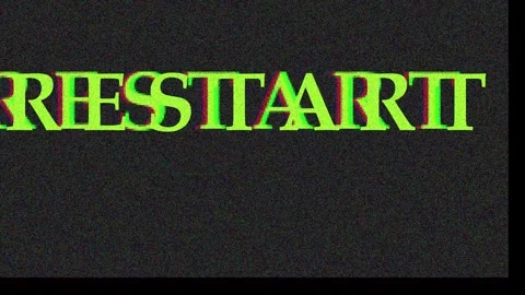 Green text RESTART message appears and glitches on dark background cinemati.. Stock Footage 343413380