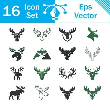 Green themed set of 16 vector icons showing deer and moose heads with deer he Stock Illustration