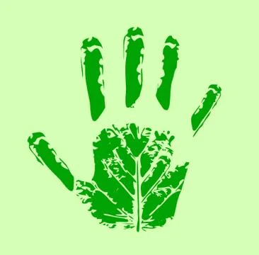 Green thinking and ecology. Creative illustration of leaf handprint on color Illustrazione stock