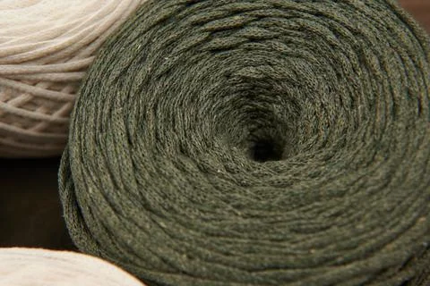 Green threads for macrame close-up, hobby, weaving from threads Stock Photos