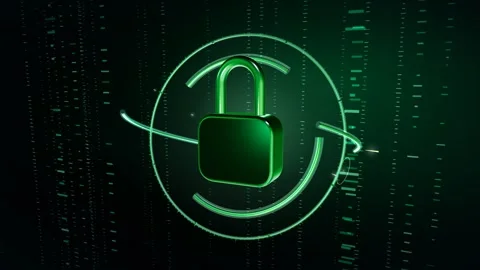 Green Threat Detection Padlock With Scanning Arcs And Falling Code Streams Video stock 342910961