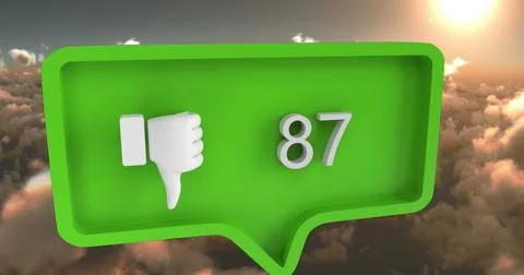 Green thumbs-down icon with number 87 floating above clouds at sunset Stock Illustration