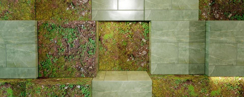 Green tile and forest patch padded boxes. In product placement advertising templ Foto stock