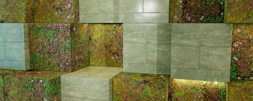 Green tile and forest patch padded boxes. In product placement advertising templ Stock Photos