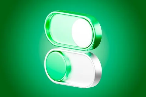 Green toggle switch on and off button ui element on a round platform render Stock Illustration