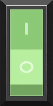 Green toggle switch graphic with I/O indicating power on/off, against a dar.. Illustrazione stock