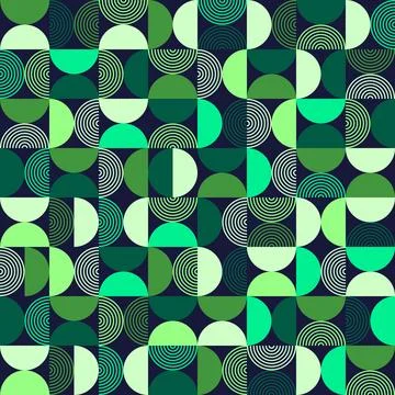 Green Toned Geometric Pattern with Circles and Semi-Circles on Dark Backgroun Illustrazione stock