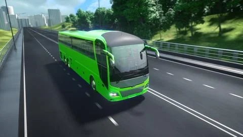 Green tourist passenger modern bus on the highway. Surrounded by nature, tr.. Stock Illustration