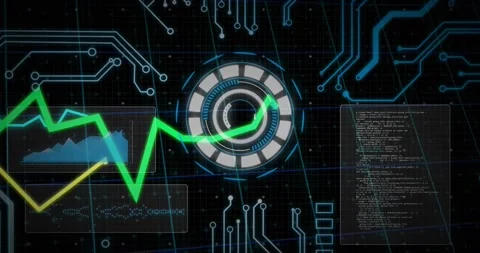 Green trace emerging left causing HUD ring pulsing, routing data while cyan and Stock Footage 321800405
