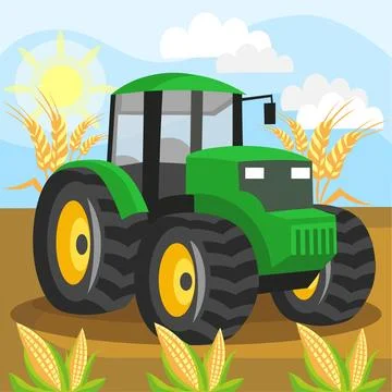Green tractor during work at field with wheat and corn in sunny day - vector  Stock Illustration