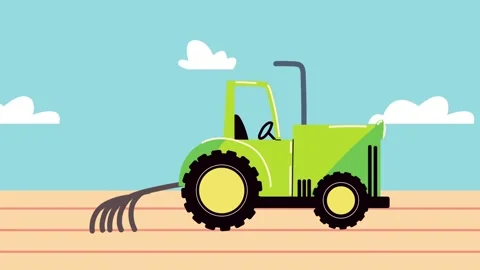 Green tractor raking field animation, agricultural vehicle cultivating soil.. Stock Footage 333606569