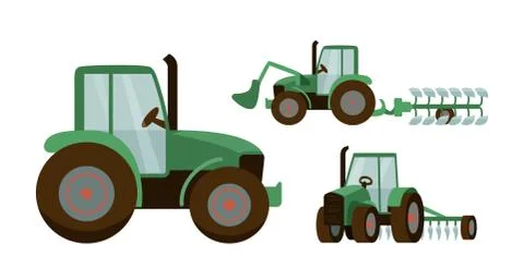 Green tractor set vector illustration. Agrimotor with bucket and plow. Isolated Stock Illustration